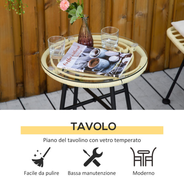 Set Mobili da Giardino 3 Pezzi con Tavolino e Sedie in Rattan PE, Poilestere e Acciaio per Esterni, Crema