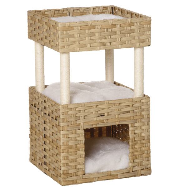 Casetta per Gatti a 3 Livelli in Rattan PE con Cuscini Lavabili in Peluche, 40x40x70cm - Legno