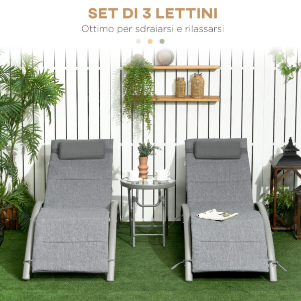 Set 2 Lettini Prendisole Reclinabili su 4 Livelli e Tavolino Pieghevole, Grigio