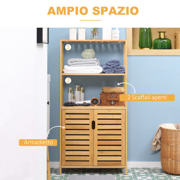 Mobiletto Bagno con 2 Ripiani Aperti e Armadietto a 2 Ante in Bambù 60x30x120cm