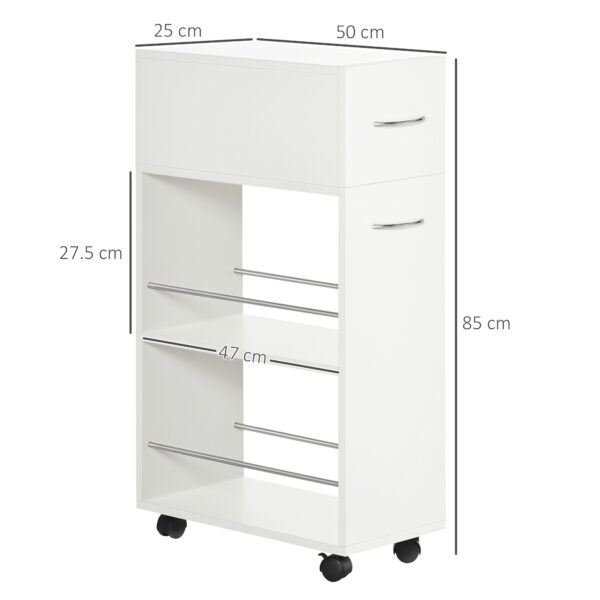 Carrello da Cucina in Truciolato e Acciaio Inox con 2 Ripiani Aperti, Cassetto Estraibile e Parapetti, 25x50x85 cm