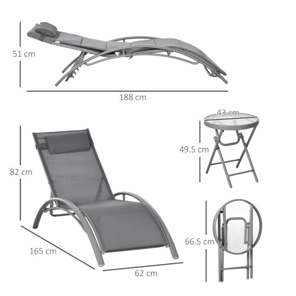 Set 2 Lettini Prendisole Reclinabili su 4 Livelli e Tavolino Pieghevole, Grigio