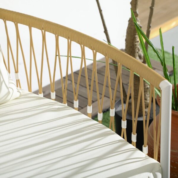 Set da Giardino Stile Boho in Rattan con 2 Sedie con Cuscini e Tavolino Rotondo, Bianco e Naturale