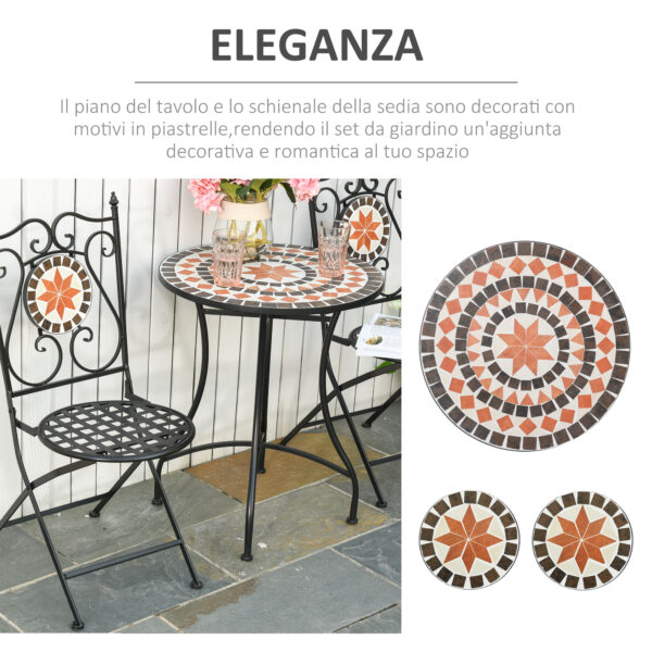 Mobili da Giardino Set da 3 Pezzi con 2 Sedie Pieghevoli e 1 Tavolino, in Metallo e Ceramica