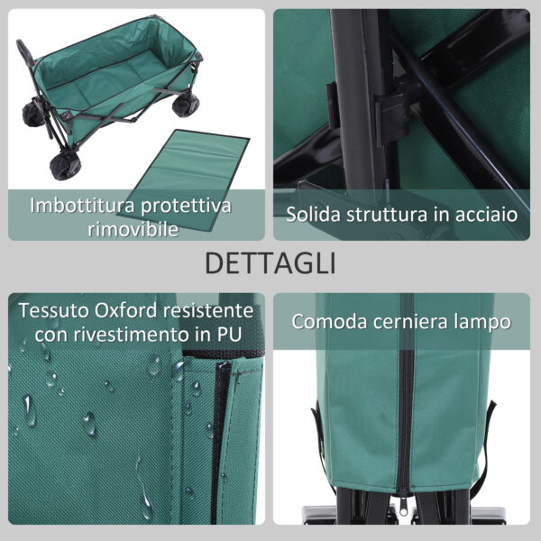 Carrello da Giardino Carico max 70kg con Maniglia Telescopica, in Metallo e Tessuto Oxford, 108x55 cm, Verde