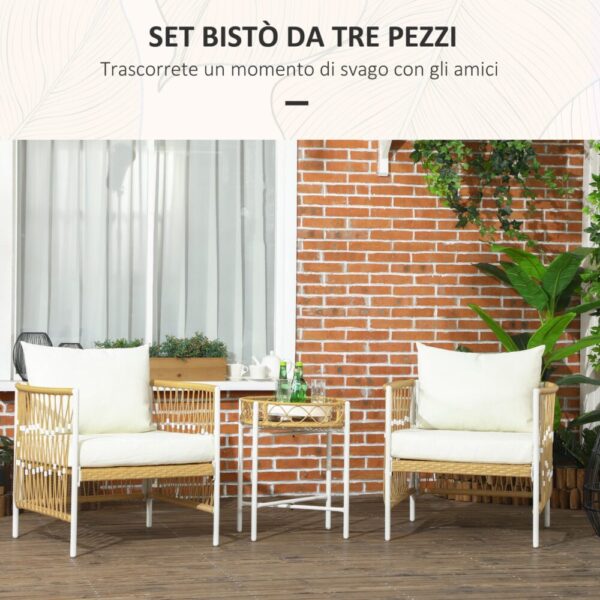 Set da Giardino Stile Boho in Rattan con 2 Sedie con Cuscini e Tavolino Rotondo, Bianco e Naturale