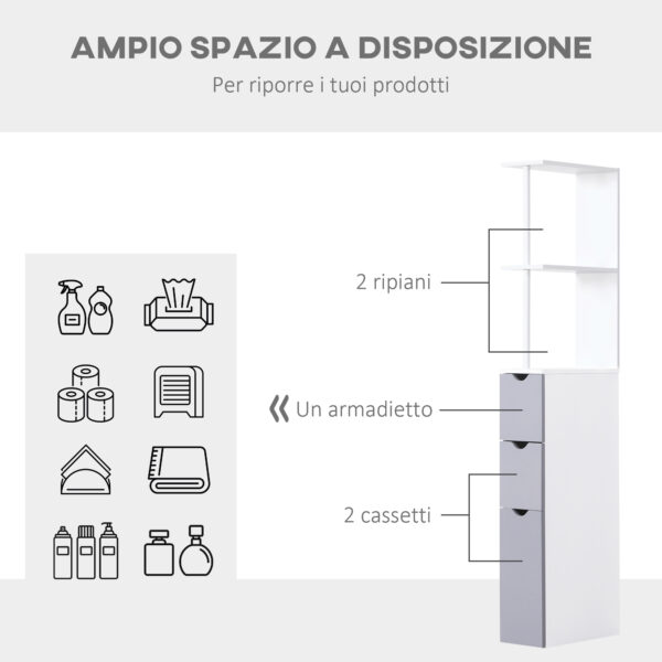 Mobiletto a Colonna da Bagno Salvaspazio in Legno, Bianco e Grigio, 15x33x136cm