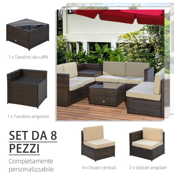 Set da Giardino 8 Pezzi con 4 Poltrone, 2 Poltrone Angolari e 2 Tavolini per Giardino in Rattan Marrone