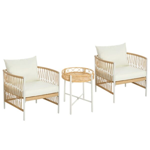 Set da Giardino Stile Boho in Rattan con 2 Sedie con Cuscini e Tavolino Rotondo, Bianco e Naturale