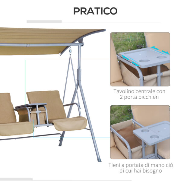 Dondolo da Giardino 2 Posti Separati con Tavolino e Tetto Regolabile, in Metallo 175x112x165cm Beige