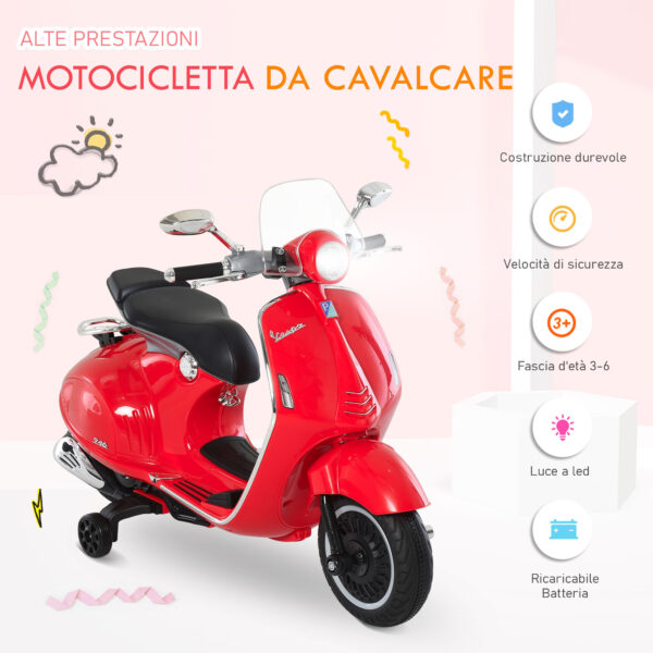 Moto Elettrica per Bambini con Licenza Ufficiale Vespa, 2 Rotelle, Luci e Suoni, 108x49x75 cm, Rossa