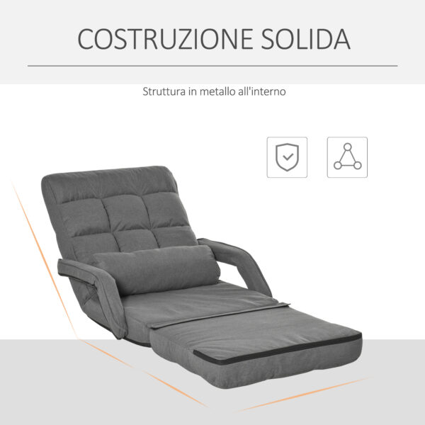 Poltrona Letto Singolo con Cuscino e Schienale Reclinabile su 5 Livelli, 62x78x70cm, Grigio