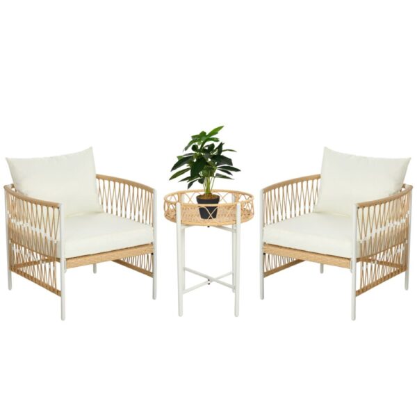 Set da Giardino Stile Boho in Rattan con 2 Sedie con Cuscini e Tavolino Rotondo, Bianco e Naturale