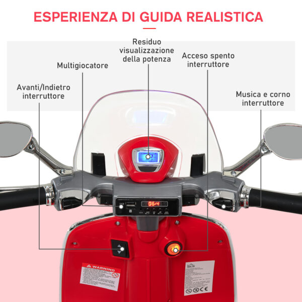 Moto Elettrica per Bambini con Licenza Ufficiale Vespa, 2 Rotelle, Luci e Suoni, 108x49x75 cm, Rossa