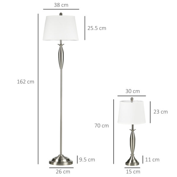 Set con Lampada da Terra e Lampada da Tavolo in Acciaio e Tessuto, Bianco e Argento