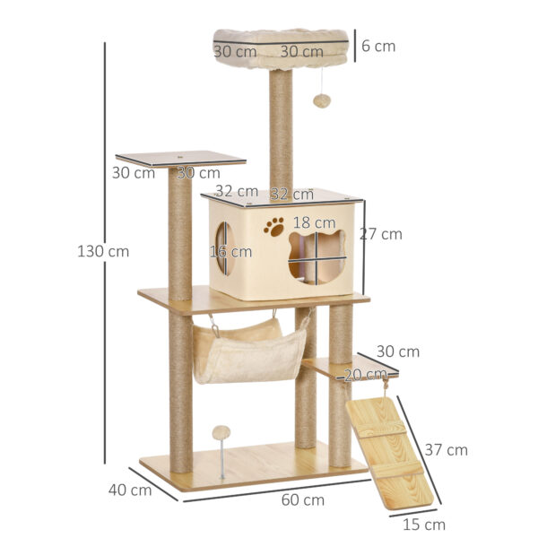 Albero Tiragraffi Multilivello con Casetta, Amaca, Scaletta e Corde in Juta, Rivestimento Peluche, 60x40x130cm, Giallo