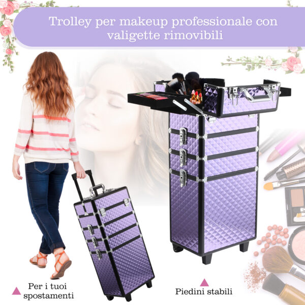 Trolley per Make Up Professionale in Alluminio Viola con Valigetta Removibile 33.5 x 23 x 76/95.5cm