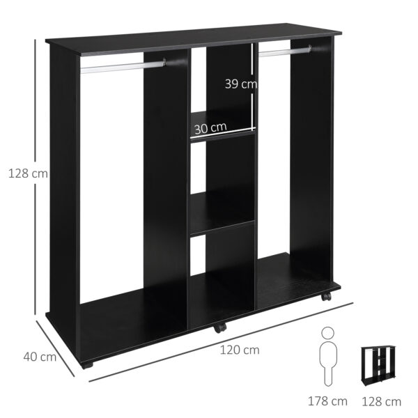 Armadio Guardaroba a 5 Ripiani con Ruote e Barre Appendiabiti in Legno e Alluminio, Nero, 120x40x128cm