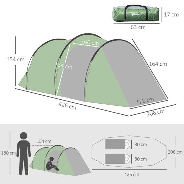 Tenda da Campeggio 4 Posti Ampio Vestibolo Impermeabile Verde Scuro