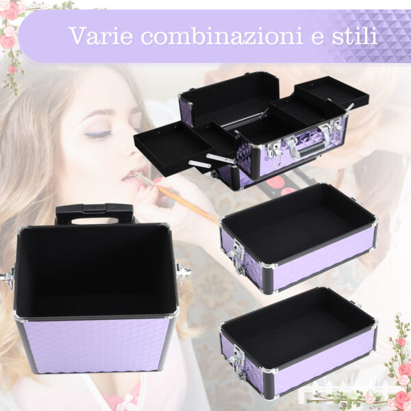 Trolley per Make Up Professionale in Alluminio Viola con Valigetta Removibile 33.5 x 23 x 76/95.5cm