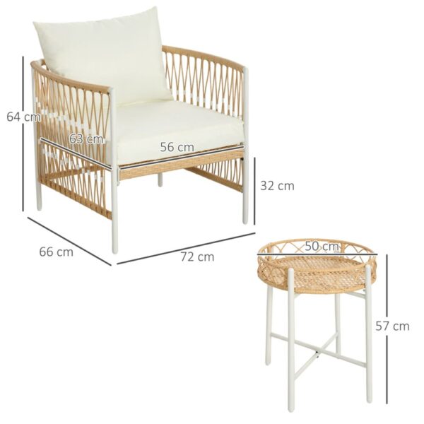 Set da Giardino Stile Boho in Rattan con 2 Sedie con Cuscini e Tavolino Rotondo, Bianco e Naturale