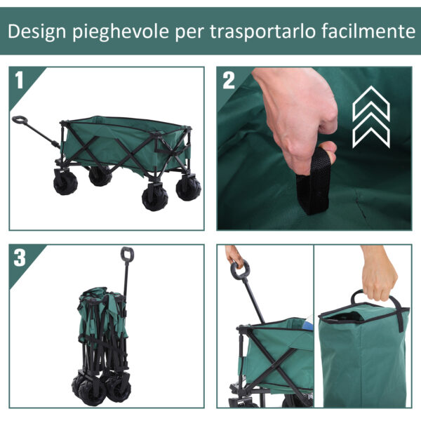 Carrello da Giardino Carico max 70kg con Maniglia Telescopica, in Metallo e Tessuto Oxford, 108x55 cm, Verde