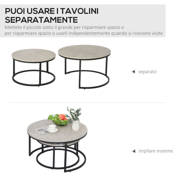 Set da 2 Tavolini da Caffè Sovrapponibili Rotondi in Metallo e MDF Effetto Marmo, Grigio e Nero