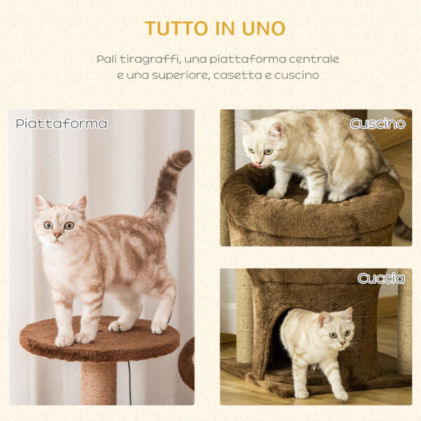 Albero Tiragraffi per Gatti con Pali in Corda Sisal, Casetta e Cuscino, Rivestimento in Peluche, Altezza 87cm - Caffè