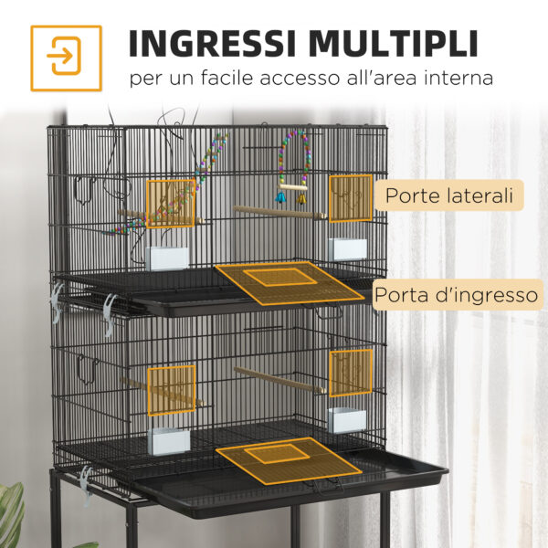 Gabbia per Uccelli in Acciaio e PP, Design Impilato con Posatoi, Altalene e Scalette, 77x46x164 cm, Nero