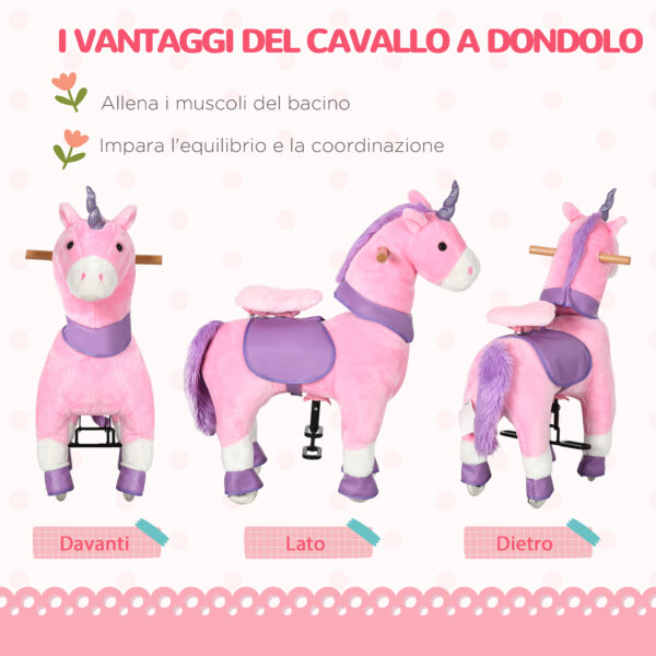 Cavallo a Dondolo con Ruote a Forma di Unicorno per Bambini da 3-6 Anni, 70x32x87cm, Rosa