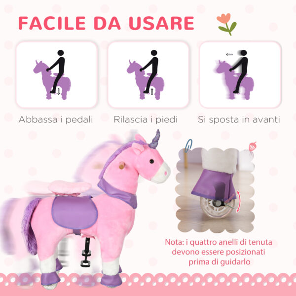 Cavallo a Dondolo con Ruote a Forma di Unicorno per Bambini da 3-6 Anni, 70x32x87cm, Rosa