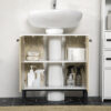 Mobile Bagno Sotto Lavabo a 2 Ante con Ripiano Interno in Truciolato e Acciaio, 60x30x60 cm, Bianco e Rovere