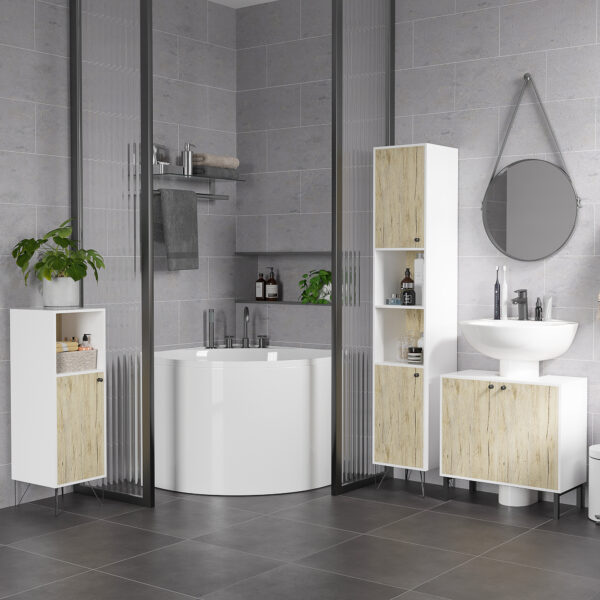 Mobile Bagno Sotto Lavabo a 2 Ante con Ripiano Interno in Truciolato e Acciaio, 60x30x60 cm, Bianco e Rovere