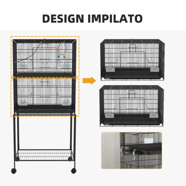 Gabbia per Uccelli in Acciaio e PP, Design Impilato con Posatoi, Altalene e Scalette, 77x46x164 cm, Nero