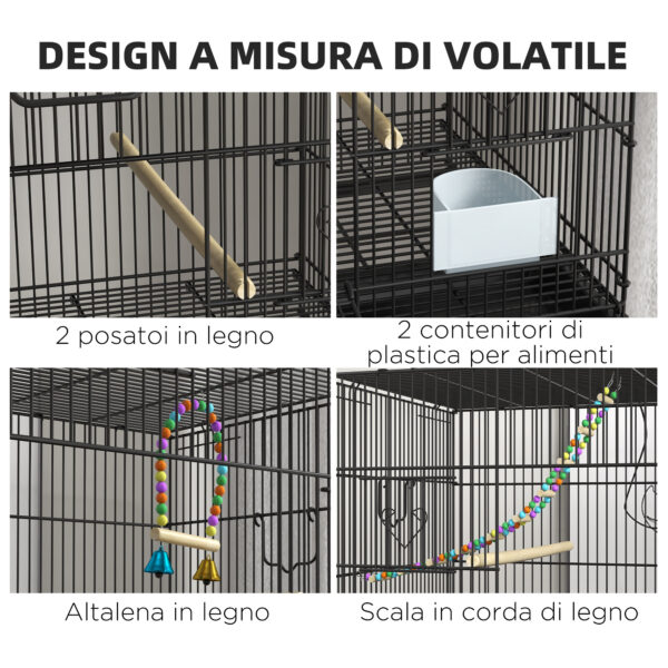 Gabbia per Uccelli in Acciaio e PP, Design Impilato con Posatoi, Altalene e Scalette, 77x46x164 cm, Nero