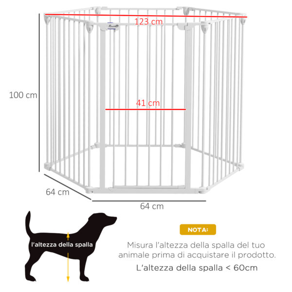 Cancellino per Cani di Taglia Media Pieghevole a 6 Pannelli, in Acciaio e Plastica, 123x102x100 cm, Bianco