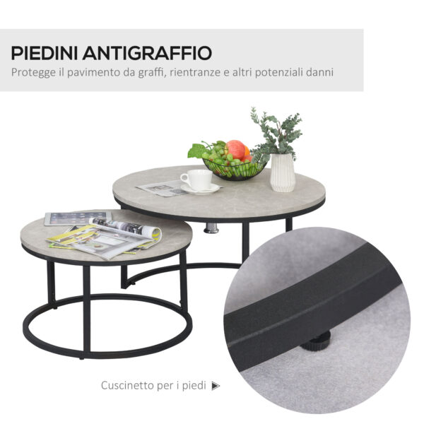 Set da 2 Tavolini da Caffè Sovrapponibili Rotondi in Metallo e MDF Effetto Marmo, Grigio e Nero