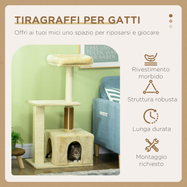 Albero per Gatti con Paletto, Casetta per Gatti, Tiragraffi e Posatoio, 60x40x108 cm, Beige