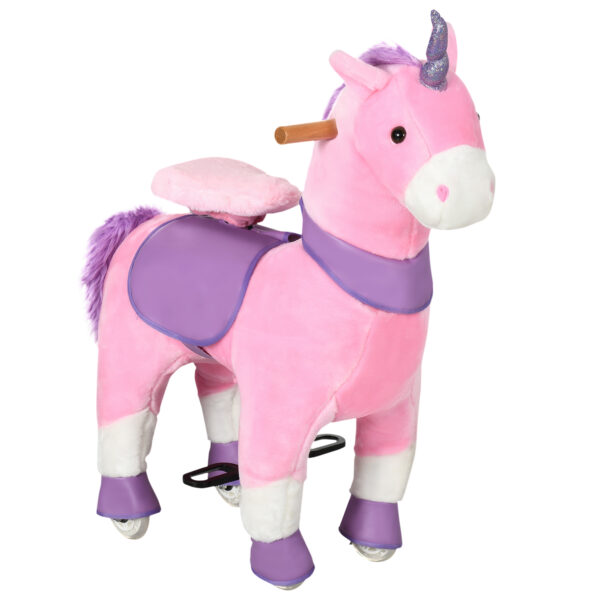 Cavallo a Dondolo con Ruote a Forma di Unicorno per Bambini da 3-6 Anni, 70x32x87cm, Rosa