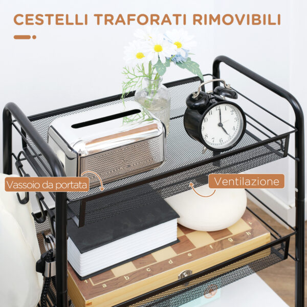 Carrello da Cucina a 3 Livelli con Cesti Removibili e 4 Ruote, in Acciaio e Plastica PP, 41.5Lx26.5x63 cm, Nero