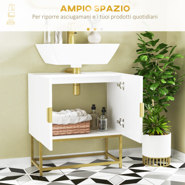 Mobile Bagno Sottolavabo con Armadietto 2 Ante in Legno e Acciaio, 60x30x65cm, Bianco e Oro