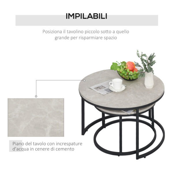 Set da 2 Tavolini da Caffè Sovrapponibili Rotondi in Metallo e MDF Effetto Marmo, Grigio e Nero