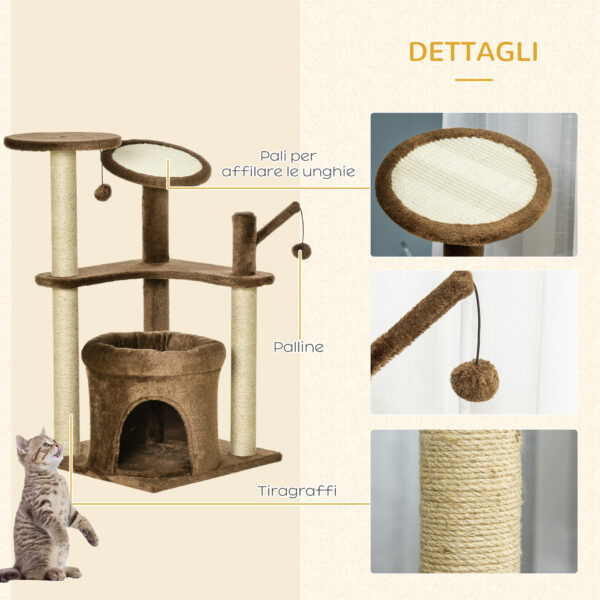 Albero Tiragraffi per Gatti con Pali in Corda Sisal, Casetta e Cuscino, Rivestimento in Peluche, Altezza 87cm - Caffè