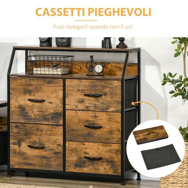 Mobile Cassettiera con 5 Cassetti in Tessuto Pieghevoli Stile Industriale, 83.5x29x87cm, Marrone