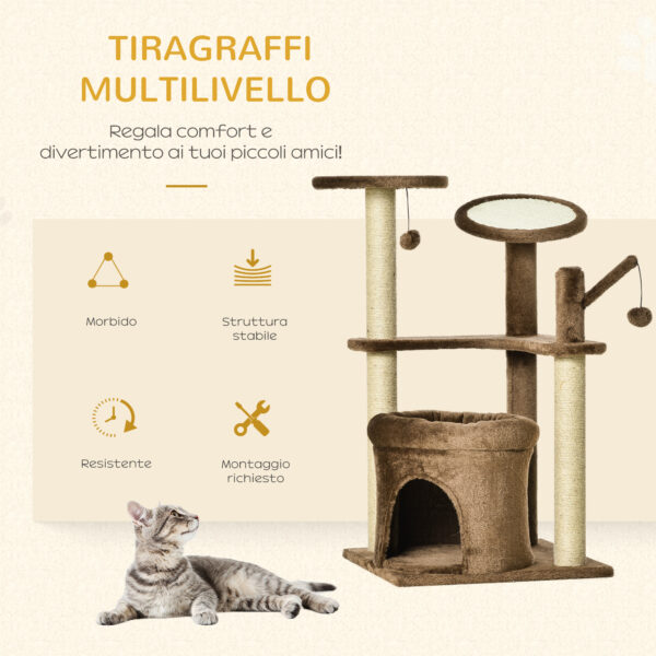 Albero Tiragraffi per Gatti con Pali in Corda Sisal, Casetta e Cuscino, Rivestimento in Peluche, Altezza 87cm - Caffè