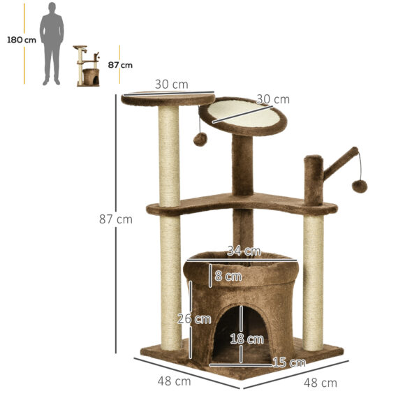 Albero Tiragraffi per Gatti con Pali in Corda Sisal, Casetta e Cuscino, Rivestimento in Peluche, Altezza 87cm - Caffè