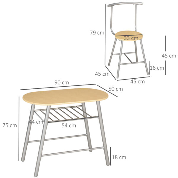 Set da Pranzo Salvaspazio da 3 Pezzi con Tavolo da Pranzo Ovale con Ripiano e 2 Sedie in MDF e Acciaio