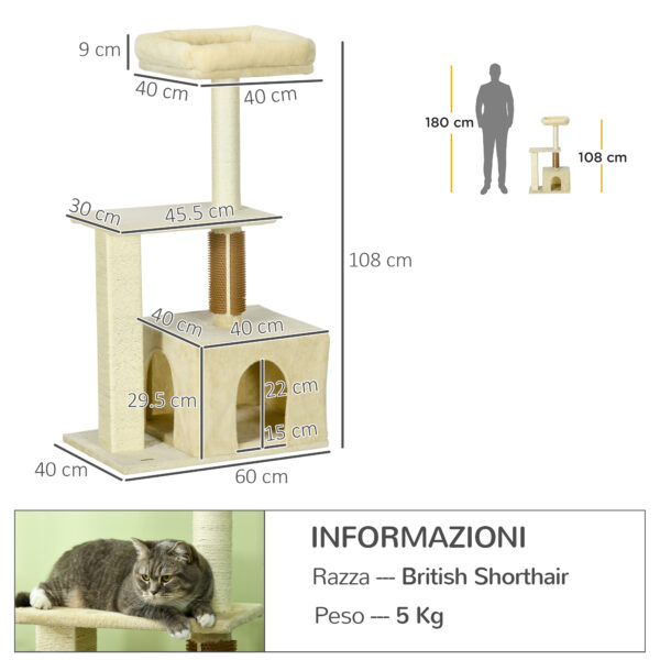 Albero per Gatti con Paletto, Casetta per Gatti, Tiragraffi e Posatoio, 60x40x108 cm, Beige