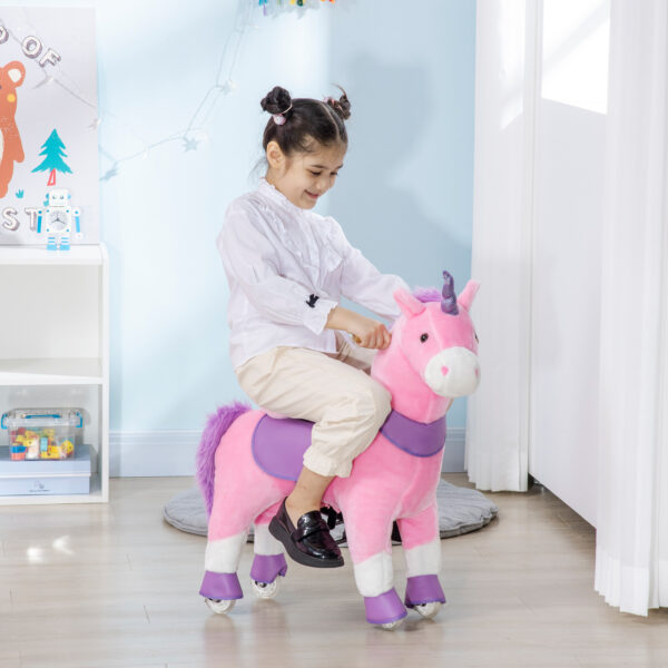 Cavallo a Dondolo con Ruote a Forma di Unicorno per Bambini da 3-6 Anni, 70x32x87cm, Rosa