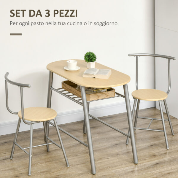 Set da Pranzo Salvaspazio da 3 Pezzi con Tavolo da Pranzo Ovale con Ripiano e 2 Sedie in MDF e Acciaio